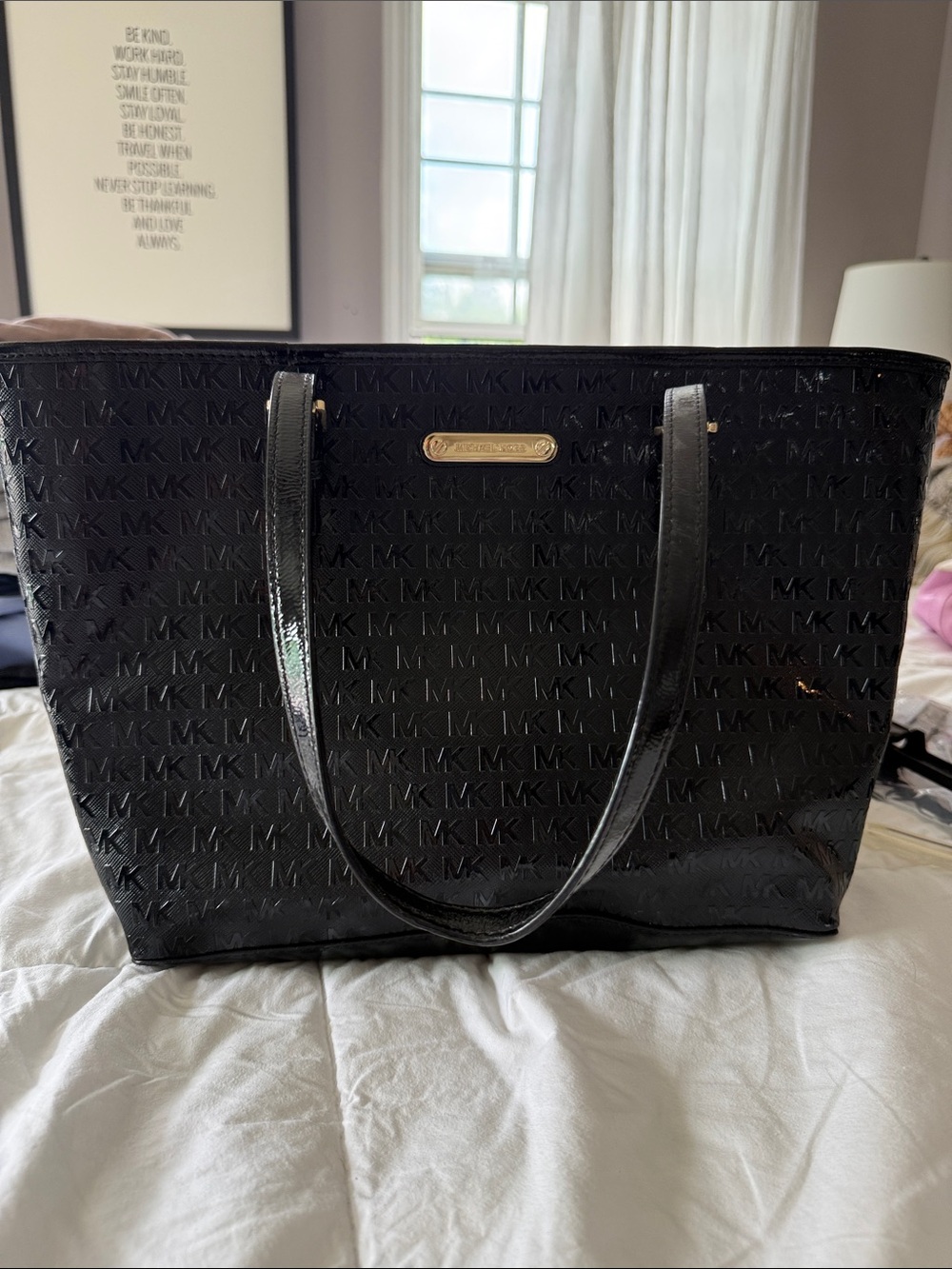 Michael Kors Black Patent MK Logo Tote with Gold Nameplate